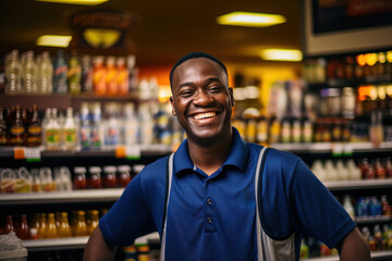Dressed in a blue uniform, a man looks satisfied and cheerful, smiling brightly in a liquor store - obrazy, fototapety, plakaty