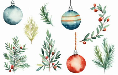 Christmas decor set watercolor paint on white background for greeting holiday card. Generated AI