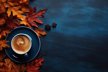coffee on a table with fall colored leaves Generative AI - obrazy, fototapety, plakaty