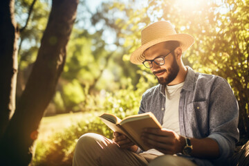 Obraz premium An individual with a beard enjoys a sunny day outdoors, reading a book on a vibrant grassy field, immersed in the world of literature