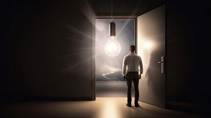  smart man walking through bulb shape door, creative concept