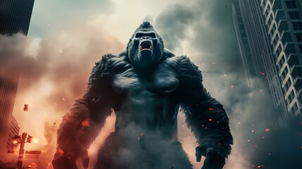 giant gorilla king rampages in the middle of the city and destroys tall buildings - obrazy, fototapety, plakaty