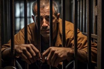 Fototapeta na wymiar A melancholic, despondent man sits in despair behind bars in a prison cell, reflecting on life's regrets and lost opportunities