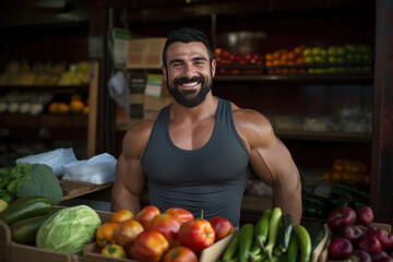 Behind the vegetable counter, a smiling fitness enthusiast sells farm-fresh produce, embodying the essence of a wholesome lifestyle