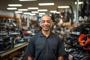 Obraz premium In the auto store, a cheerful male representative stands, offering customers a delightful experience, his positive demeanor enhancing the overall shopping atmosphere