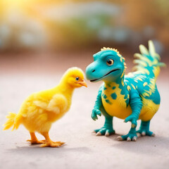 The meeting of a chick and a baby dinosaur is a fun story for a child's game