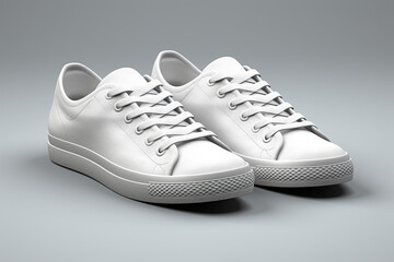 A pair simple white walking sneaker shoe  high top sneaker shoe is isolated on a white  grey background. Concept of a sneaker design. Generative AI.