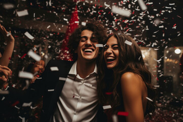 A joyful young couple surrounded by flying confetti and a festive atmosphere, smiling brightly