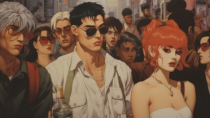 Group of people gathered in a crowd partying drinks in 90s anime style with tattoos on their bodies wearing round glasses like gangsters