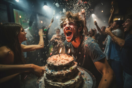 A young man in a big holiday atmosphere of flying confetti stands in front of a cake with burning candles