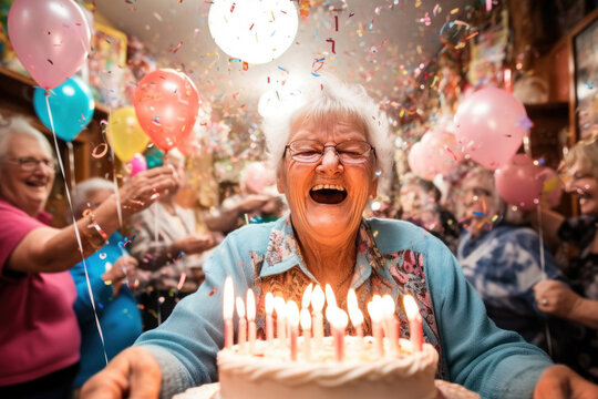 Happy grandmother holds candles in her hands and prepares to celebrate her birthday surrounded by confetti and balloons