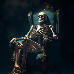 human skeleton sitting on the big chair of the 90s anime king  - obrazy, fototapety, plakaty
