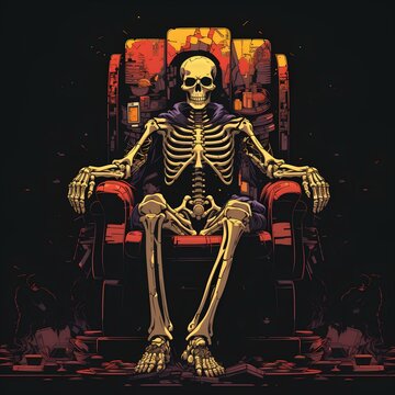 human skeleton sitting on the big chair of the 90s anime king 