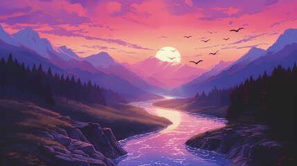 Mountain view with a small river atmosphere in the afternoon with the sun setting and several birds flying