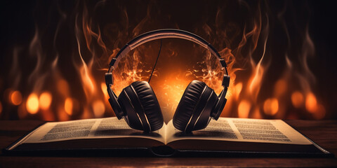 a pair of headphones with flames on the back, in the style of vary tracing, skillful lighting. burning headphones on the black background AI Generative - obrazy, fototapety, plakaty