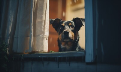 Dog looking out window created with Generative AI Technology, ai, generative