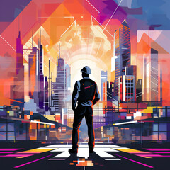 A civil engineer in a sleek and modern outfit, standing in front of a cityscape with futuristic buildings and technologies.