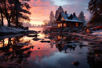 Sunrise of the New Year with house, lake and melting snow in background