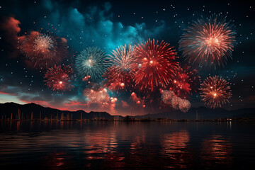 Fireworks over a river at the stroke of midnight of new year's eve