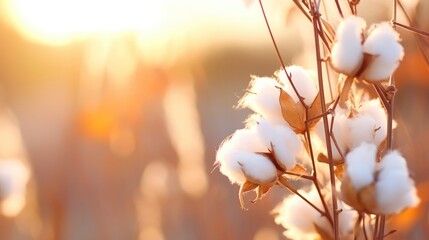 Cotton branches in field at sunset. Beautiful natural bokeh background, lush cotton flowers in soft sunlight. Cotton harvest for textile production, agricultural crop - obrazy, fototapety, plakaty