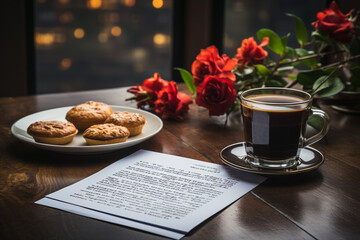 Handwritten list of New Year's resolutions with cup of coffee, muffins and roses