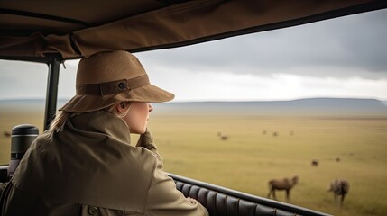  Woman traveler on safari - tour in Africa, traveling by car in Tanzania, watching wild animals and birds in the National park Ngorongoro. 