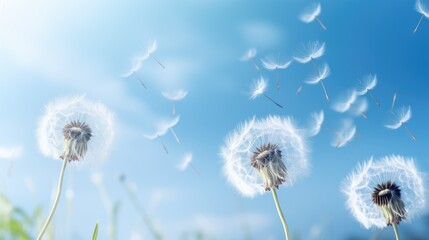 Dandelion Seeds in the Breeze: delicate beauty of dandelion seeds gracefully blowing in the wind against a serene blue background.