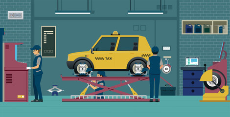 Workers are helping to align cars and balance the wheels.
