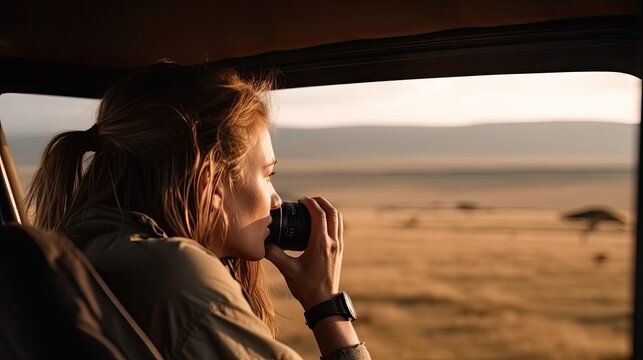  Woman traveler on safari - tour in Africa, traveling by car in Tanzania, watching wild animals and birds in the National park Ngorongoro. 