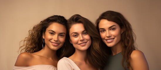 Obraz premium Promoting skincare with a diverse and beautiful group of women in a studio with a beige background Capturing portraits and smiles of joyful females indoors promoting luxury cosmetics