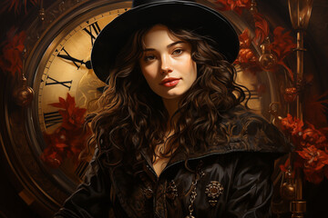 New year artwork - Portrait of a girl with a clock and flowers in background