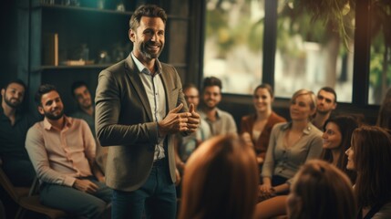 Public speaking coach demonstrating effective communication techniques. Generative AI