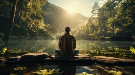 Individual meditating in serene natural setting. Generative AI - obrazy, fototapety, plakaty