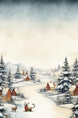 Fototapeta na wymiar Retro Christmas Frame with Reindeer and Snowy Village