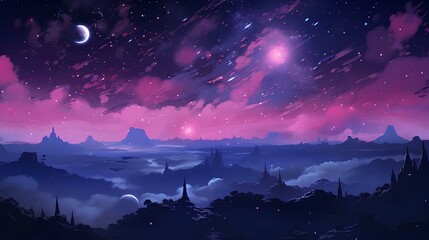 Naklejka premium a purple sky with stars and clouds over a landscape