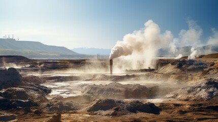 Geothermal energy wells releasing steam from beneath Earth's surface. Generative AI