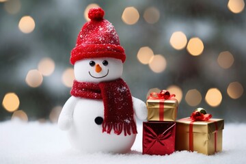 Fototapeta na wymiar A Happy and Smiling Snowman with a Red Hat and Scarf Next to Wrapped Presents in a Winter Background