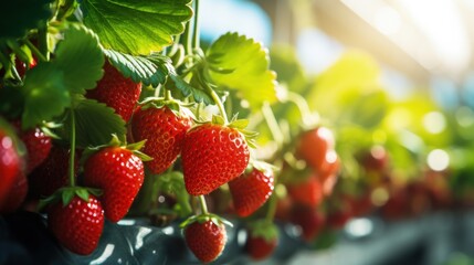 Juicy and ripe strawberries growing in high-tech greenhouse within farm. Generative AI - obrazy, fototapety, plakaty