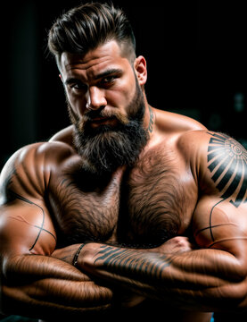 Portrait of a muscular hairy man with tattoos 