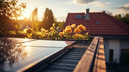 Residential rooftop solar panels and solar water heater. Generative AI