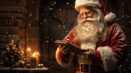 Santa Claus arrives in snowy chimney to deliver gifts on Christmas Eve. Generative AI