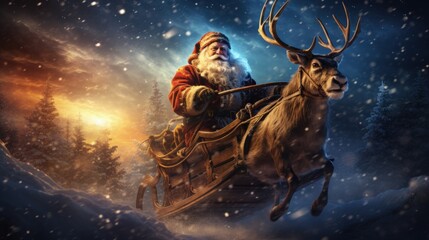 Santa Claus in his sleigh led by reindeer, soaring through starry night sky. Generative AI