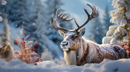 Santa's reindeer resting in snowy glen before their big night of gift delivery. Generative AI