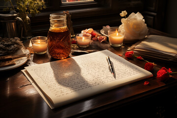Handwritten list of New Year's resolutions surrounded by tea, candle lights, flowers and pen emphasizing the spirit of setting goals for the year ahead