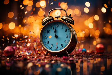 Clock face showing the final minutes before midnight, 12: 00 A. M. with festive decorations in background, evoking the anticipation of the New Year