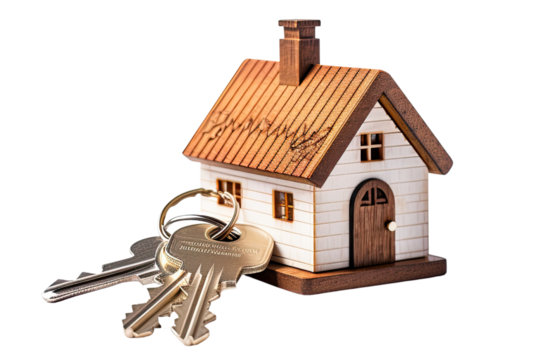 Wooden miniature house model with metal keys attached, symbolizing real estate or homeownership cut out transparent isolated PNG	
