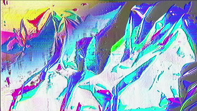 Iridescent glitch background with VHS screen noise and texture.