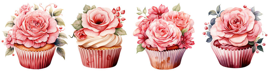 Cupcake with pink peonies watercolour purple lavender illustration , Isolated PNG