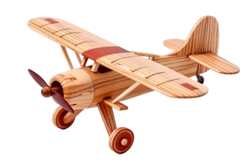 A detailed toy model airplane, made of wood cut out transparent isolated on white background ,PNG file , ,artwork graphic design illustration.