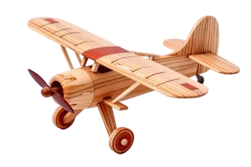 Papier Peint photo Ancien avion A detailed toy model airplane, made of wood cut out transparent isolated on white background ,PNG file , ,artwork graphic design illustration.